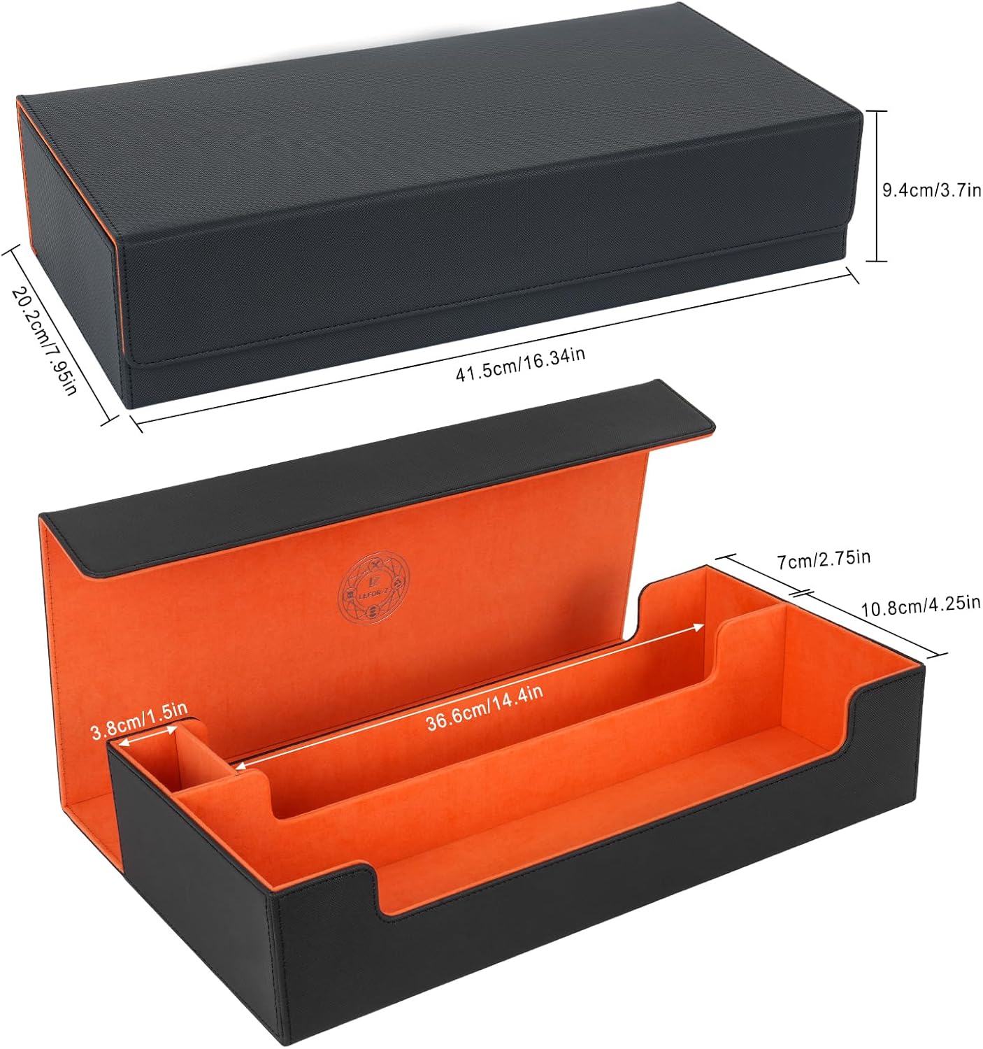 Card Deck Box,X-Large Premium Trading Card Storage Case with Mat and Dice Compartment,Magnetic Game Deck Display Case Compatible with MTG/TCG/Yugioh/Magic/Commander(Black＆Orange)