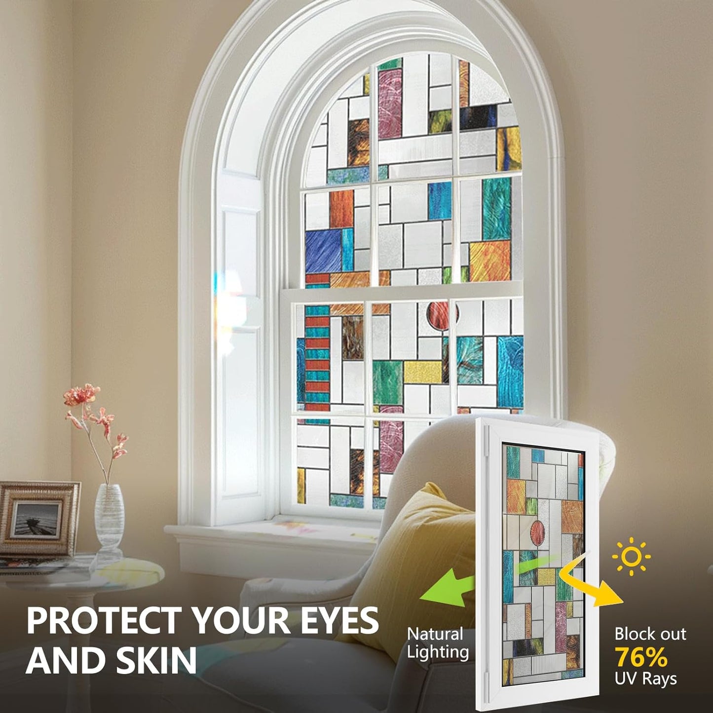 3D Stained Glass Window Film, Decorative Window Privacy Film for Bathroom,Front Door,Home, Sun Blocking Heat Control,Static Cling, Ores 23.6inch x 35.4inch