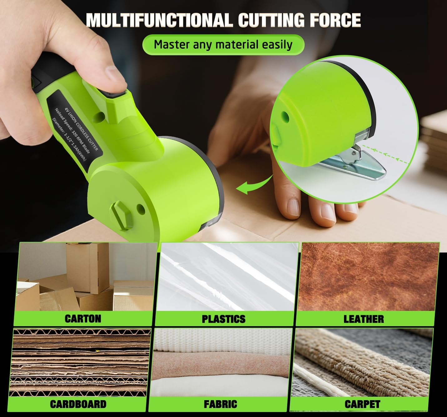 Cordless Electric Scissors：4V Rechargeable Cardboard Cutter, 3 Blades, Safety Lock & LED Light, Box Cutter for Carton Carpet Plastic Fabric Leather (Green)