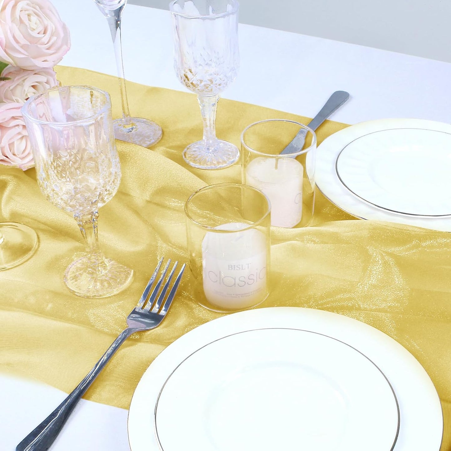 VACVELT Sheer Organza Fabric by The Yard, 60 Inch Wide Gold Organza Fabric Bolt Bridal Sheer Tulle Fabric, Silk Organza Fabric Roll for Wedding Party Decorations Backdrop Curtain (10 Yards)