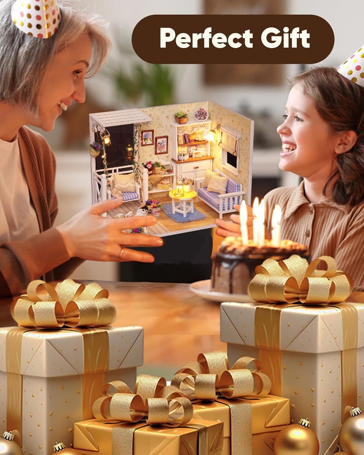 DIY Miniature House Kit – Mini Doll House Model Tiny Home Build Dollhouse Diorama Craft Kit with LED Dust Cover for Beginners Christmas Halloween Holiday Birthday Gift for Adult(Cat Room)