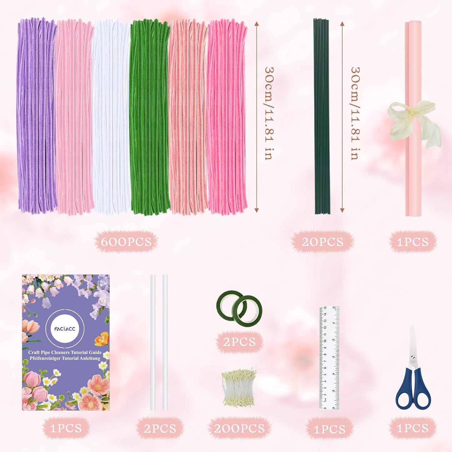 FACIACC 600PCS Pipe Cleaners Craft, 6 Assorted Colors Chenille Stems for DIY Bouquet Christmas Gift Party Decor (Pink)