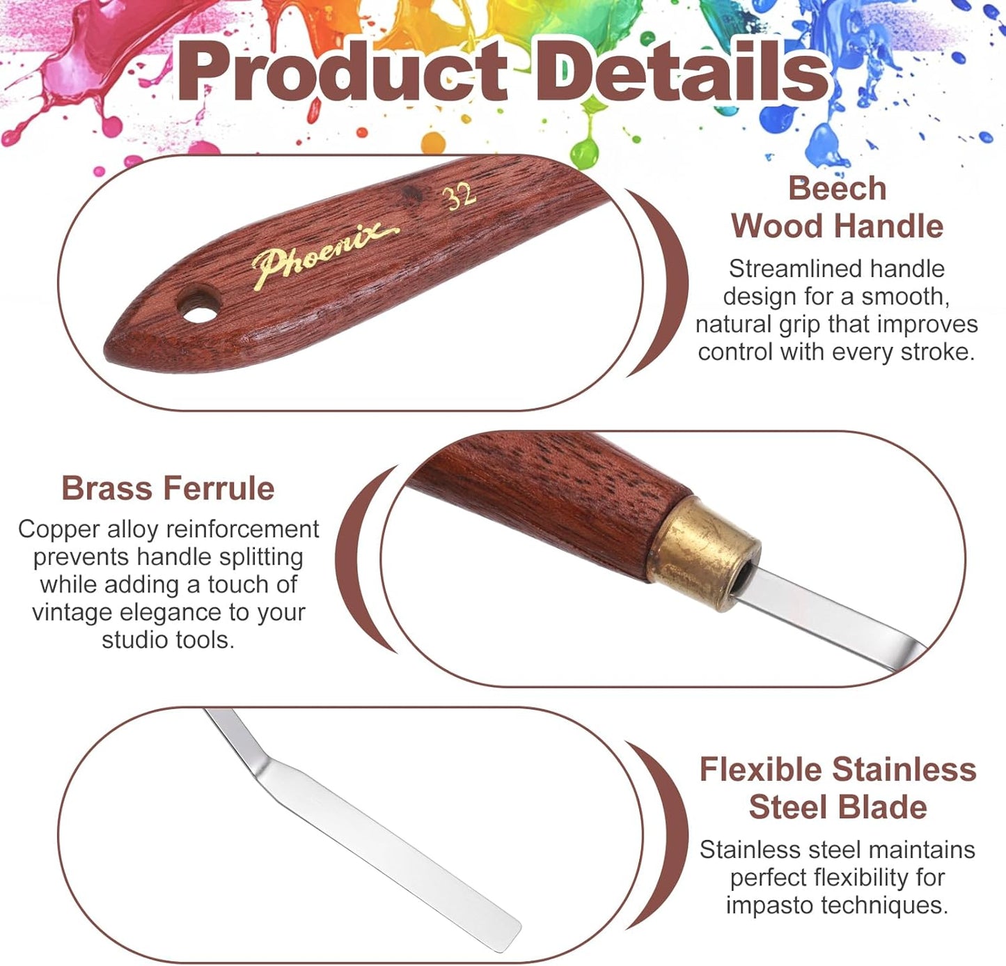 MECCANIXITY Pack of 1 Palette Knife No.32, 8.3" Long Palette Knives with Stainless Steel Flexible Spatula Pallet Knife and Wood Handle for Scraping, Mixing, Oil Acrylic Painting Canvas