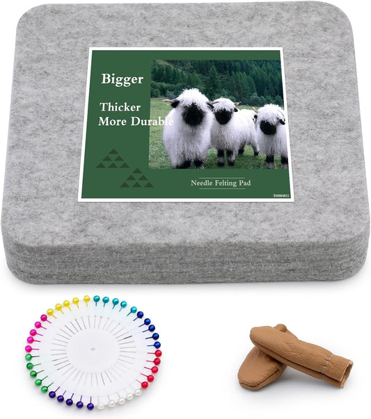 WONVOC Needle Felting Pad, 6x6x1'' Natural Wool Felting Mat, Needle Felting Supplies, with Finger Cots and 40 Straight Pins, for Wool Project Crafts
