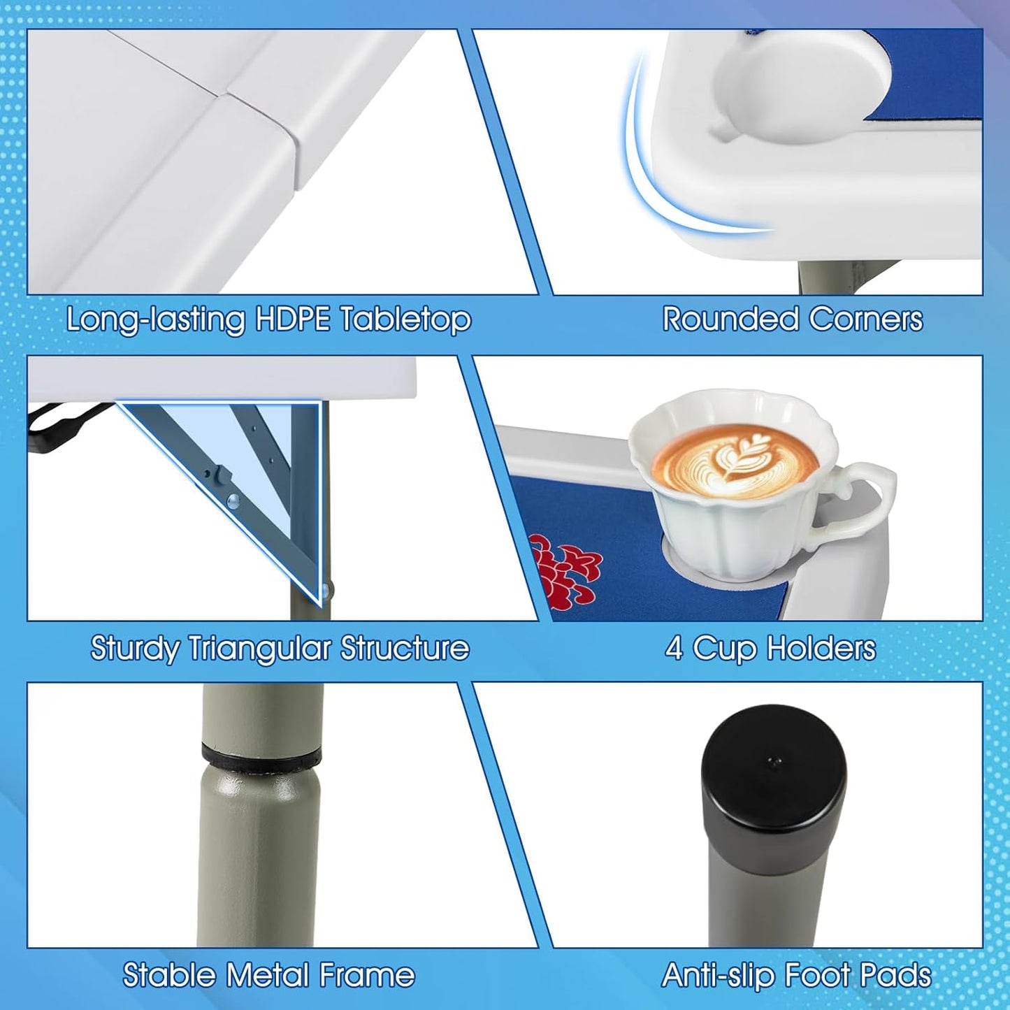 Giantex Folding Mahjong Table, 35" Square Card Table with Cup Holders, Removable Noise Reduction Mat, HDPE Tabletop, 4-Player Portable Domino Tables for Poker Blackjack Board Game (Navy)