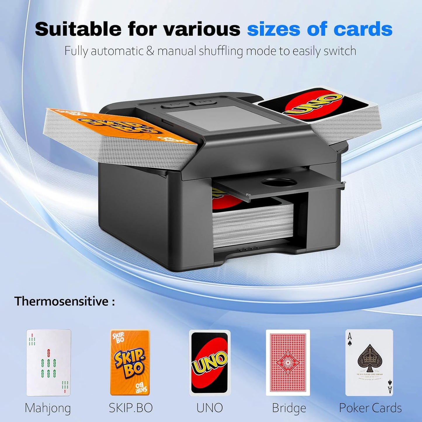 Automatic Card Shuffler for 1-2 Decks, Dual Mode Card Shuffler with USB-C Rechargeable Battery, Card Shuffler & Dealer for UNO, Skip-Bo, Poker, Blackjack, Texas Hold’em, Party & Travel