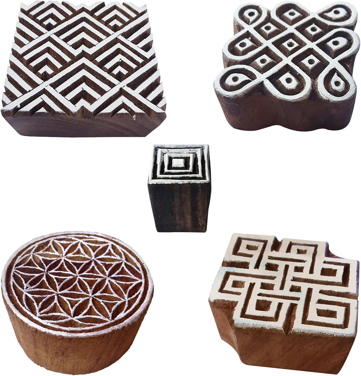 Royal Kraft Square Wooden Printing Stamps (Set of 5) - DIY Henna Fabric Textile Paper Clay Pottery Blocks Htag2212