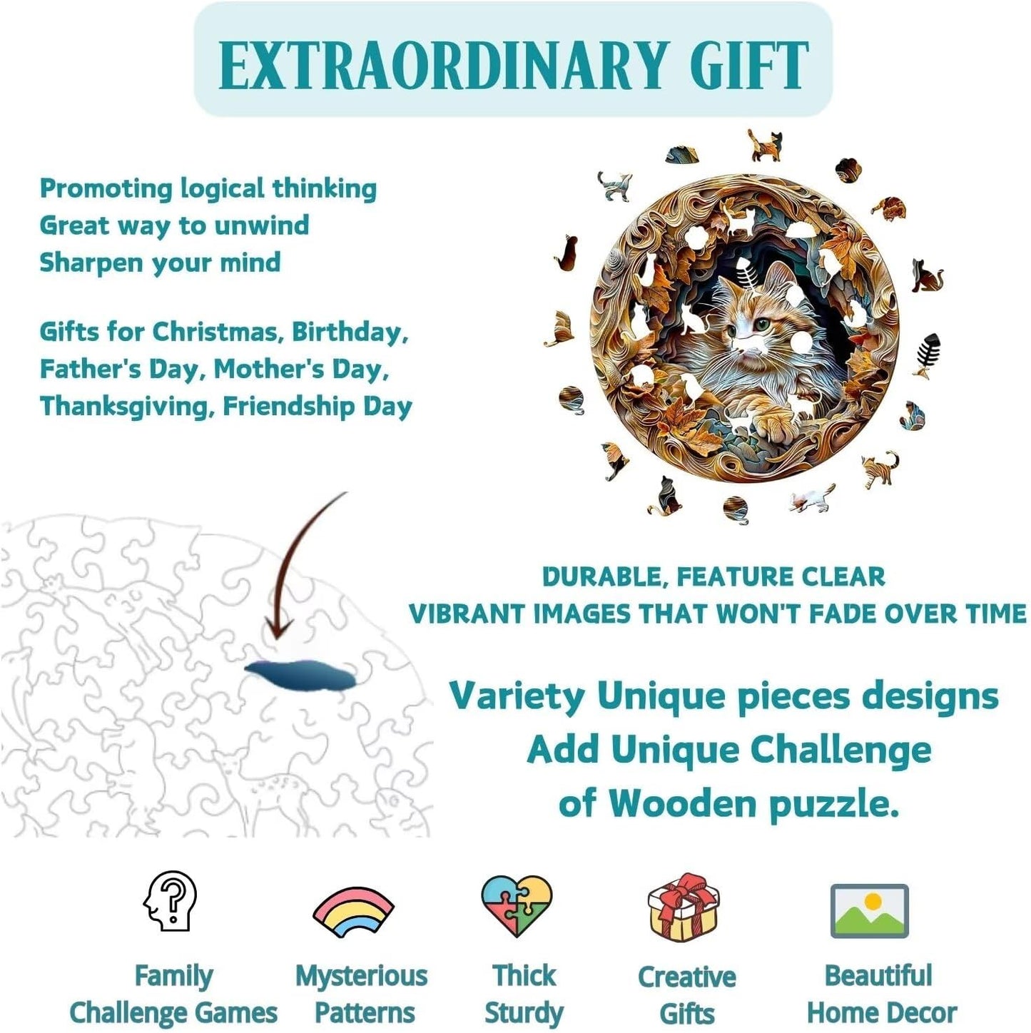 Wooden Puzzles Adults, 3D Cat Wooden Puzzles 200 Pieces, Unique Animal Shaped Wood Challenging Jigsaw Puzzles Gifts for Adults, 11.4x11.3in