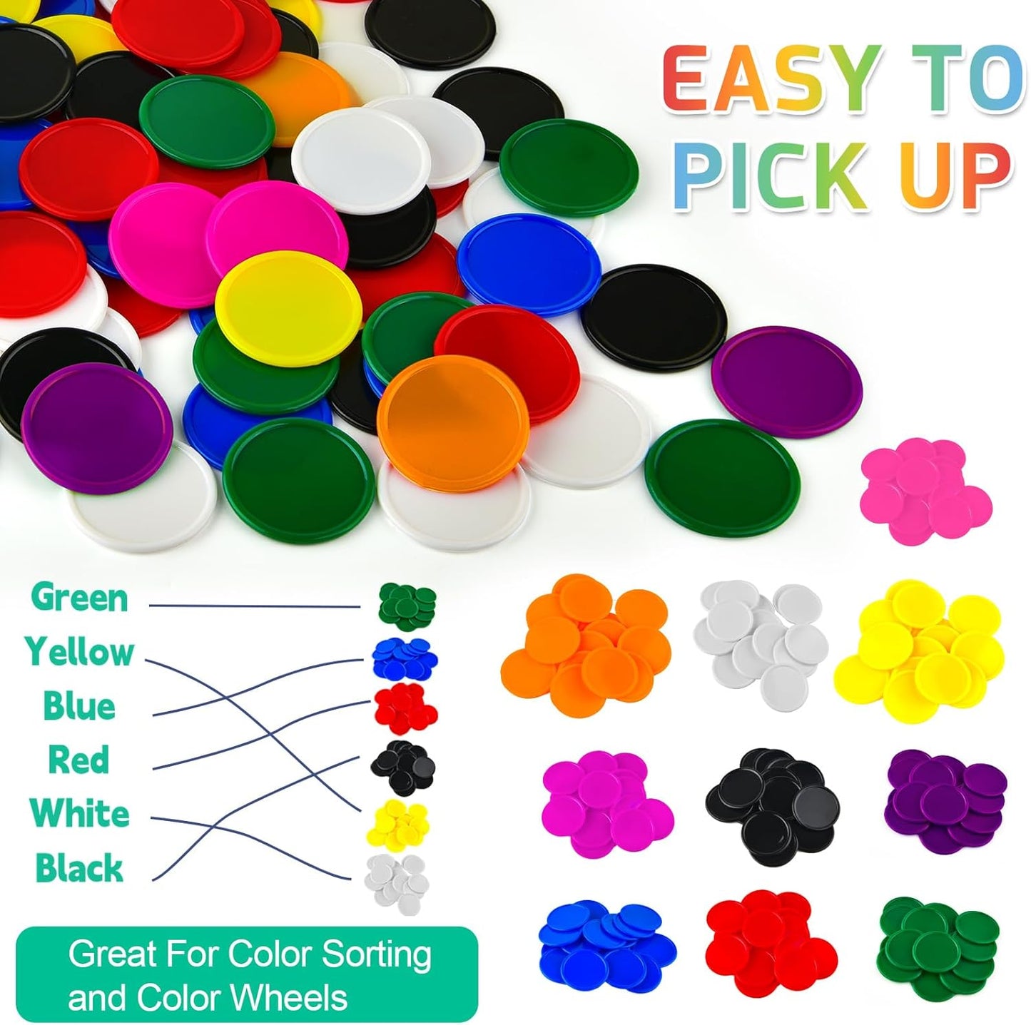 Coopay 1200 Pcs 1.5 Inch Learning Counters Disks Plastic Poker Chips, Bingo Chips 10 Colors Counting Discs Markers for Math Practice, Poker Card Game Tokens, Teaching Rewards, 38 mm