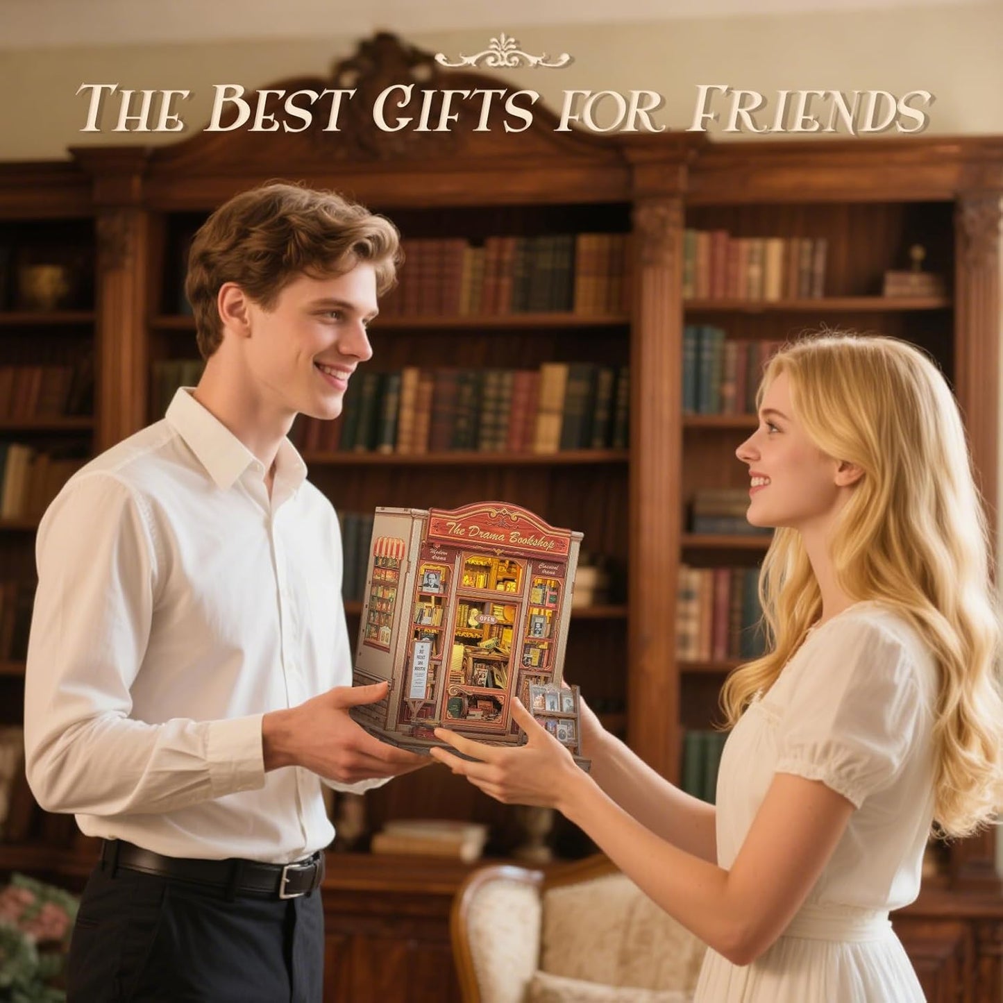 CUTEBEE Book Nook Kit - DIY Miniature House Dollhouse Kit for Adults and Teens, Booknook Tiny House Bookshelf Decor 3D Wooden Puzzle, Gifts for Family Friends (Drama Bookshop)