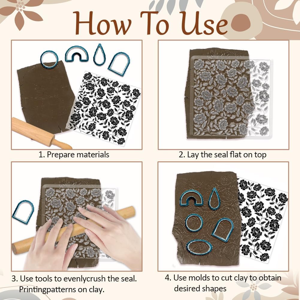 CHGCRAFT Peony Polymer Clay Texture Sheets Peony Silicone Clay Texture Stamp Clay Modeling Pattern Pad Texture Sheets for Earrings Jewelry Making