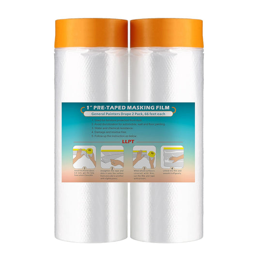 LLPT Tape and Drape 59.1”(Unfolded) x 66 Ft Each 2 Pack Pre-Taped Masking Film 0.27 Mil Painters Plastic Drop Cloth for Auto Wall Furniture Painting Protection (MFT1502)