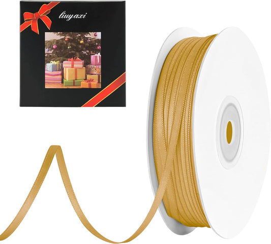 LIUYAXI Old Gold Double Faced Satin Ribbon, 1/8" X Continuous 100 Yards, Thin Ribbons Perfect for Gift Wrapping Wedding Invitation Card Hair Bows Tag Floral Arrangement DIY Craft