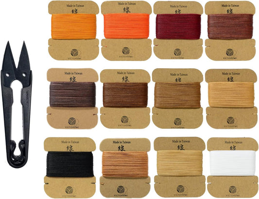 Bonded & Round Waxed Threads, 3-PLY Round Thread 12 Colors 384 Yards - Hand Sewing - All Leather Projects/Crafts/All-Purpose Threads/Macrame/Bracelet (0.45 mm, 32yd/Each)