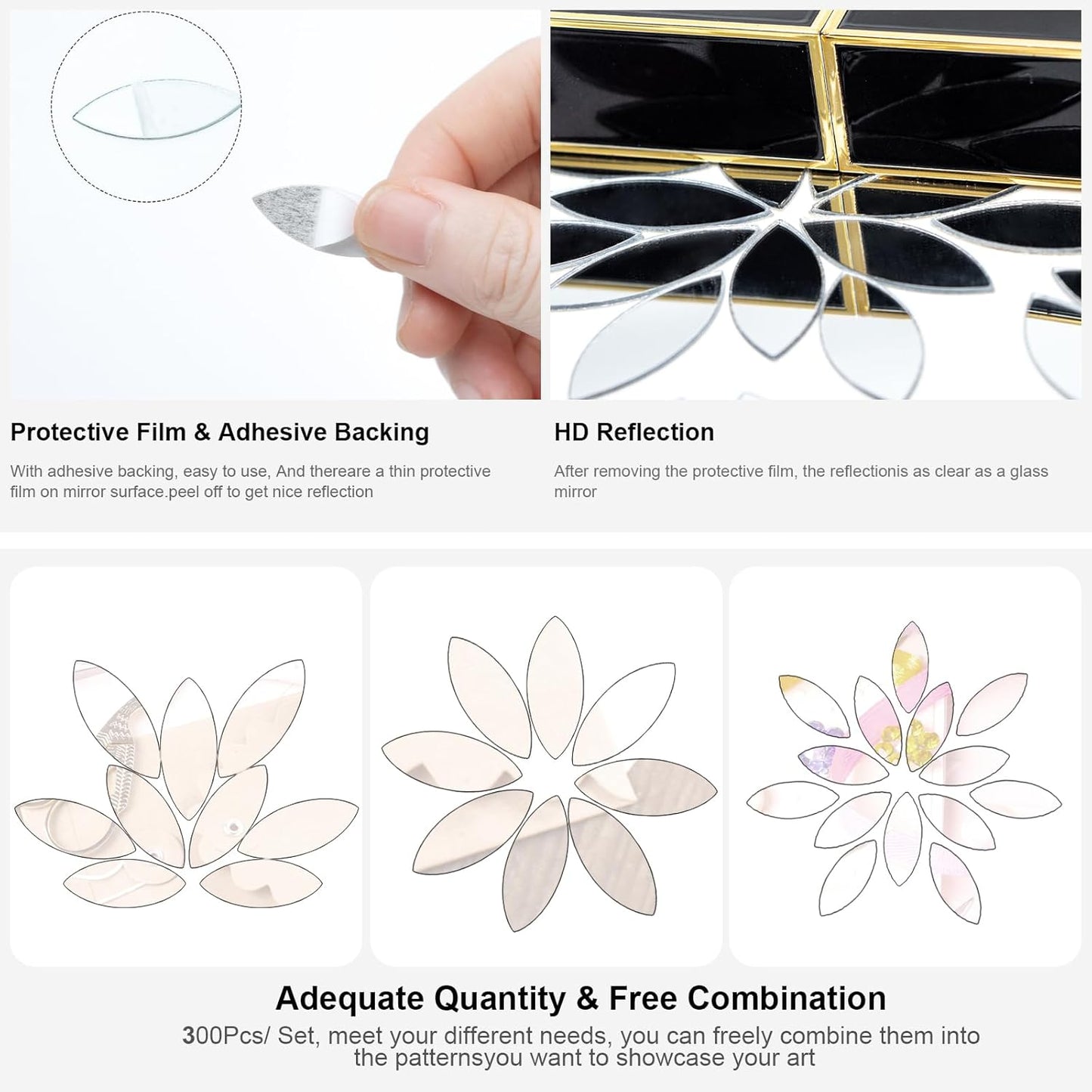 DARENYI 300Pcs Leaf Shape Craft Mirrors Mosaic Tiles Self-Adhesive Mini Leaves Petal Shape Mirror Stickers Mosaic Pieces for DIY Crafts, Art Projects and Home Décor