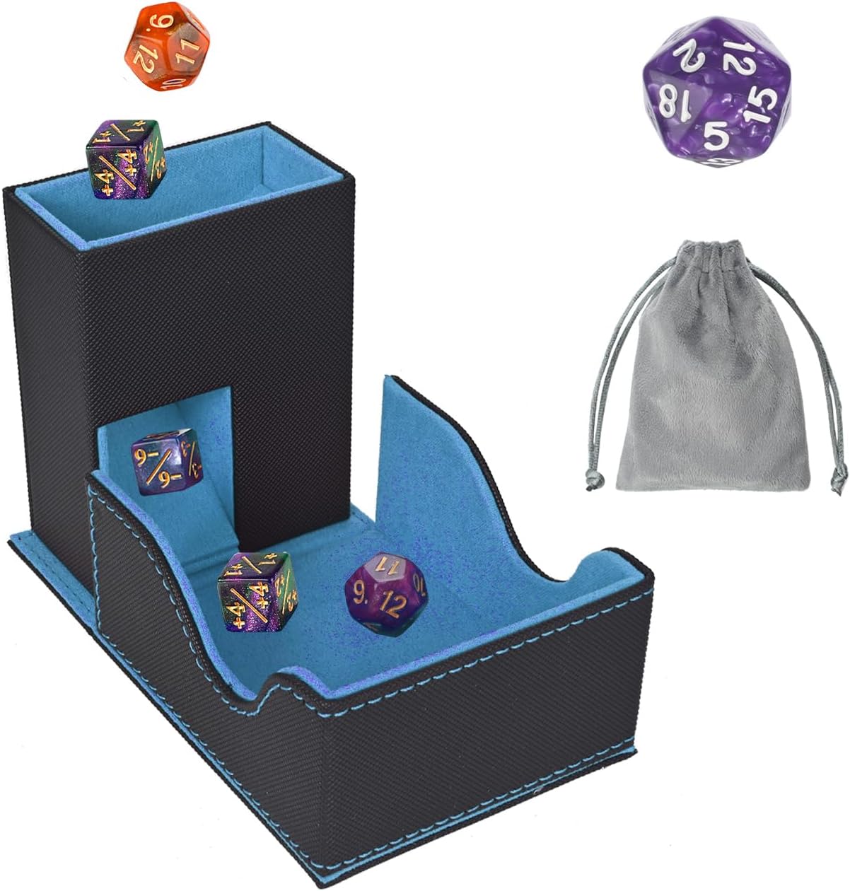 Dice Tower and Tray, Portable Commander Deck Box, Foldable Dice Storage Box for Dungeons and Dragons Rolling Tray Black/Blue