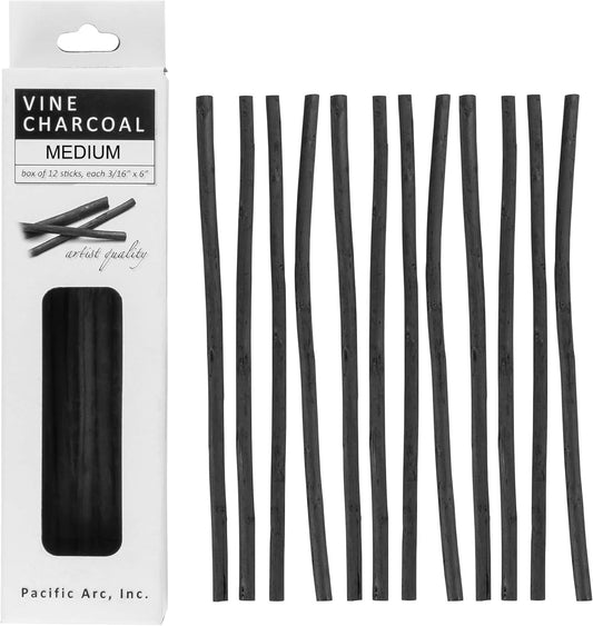 Pacific Arc Artist Vine Charcoal, Medium, Black 12 Pieces, Artist Vine Charcoal Sticks, Medium and Smooth Drawing Charcoal