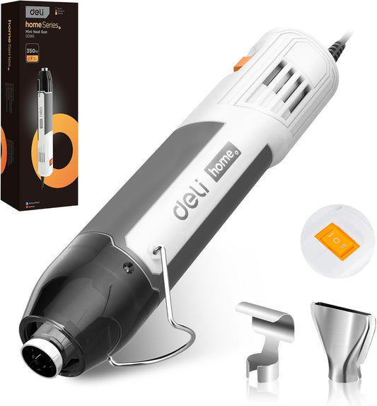 DELI Mini Heat Gun, 350W Dual Temp 500℉/842℉ (260℃/450℃) with Reflector & Extra Nozzles, 6 FT Cable, Overload Protection – for Crafting, Vinyl Wrap, Epoxy, Resin, Shrink Tubing
