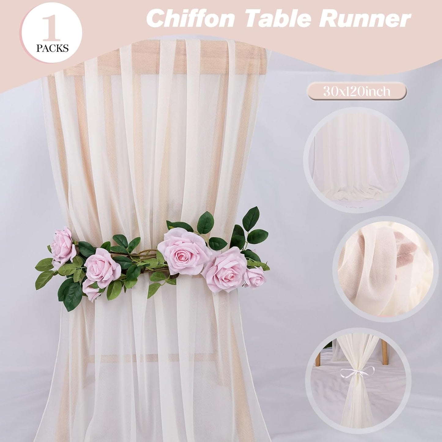 Beige Chiffon Table Runner 10ft Long Romantic Wedding Table Runners 30 x 120 Inches Elegant Sheer Fabric Drapes Bridal Party Cake Table Decoration