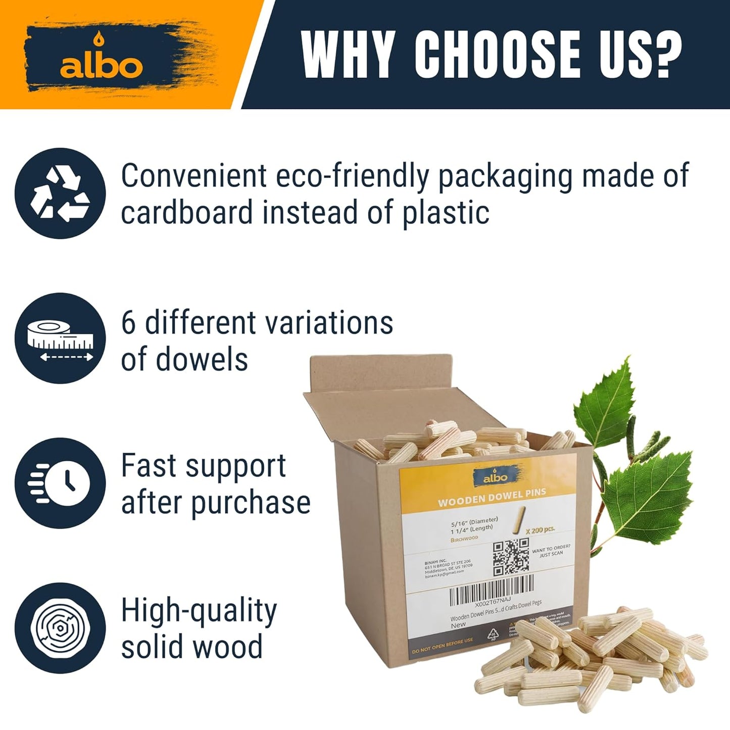 ALBO Wooden Dowel Pins 5/16 x 1 1/4 inch Fluted Wood Dowels Rods 200 Pack Hardwood Crafts Dowel Pegs