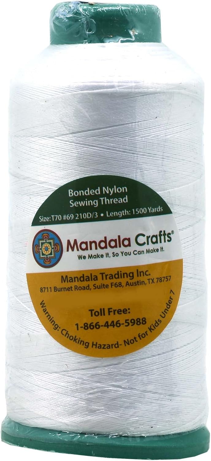 Mandala Crafts Bonded Nylon Thread White Heavy Duty Sewing Threads - 1500 YDs Size 69 210D T70 Tex 70 Thread for Leather Jeans Weaving Outdoor Marine Upholstery Threads