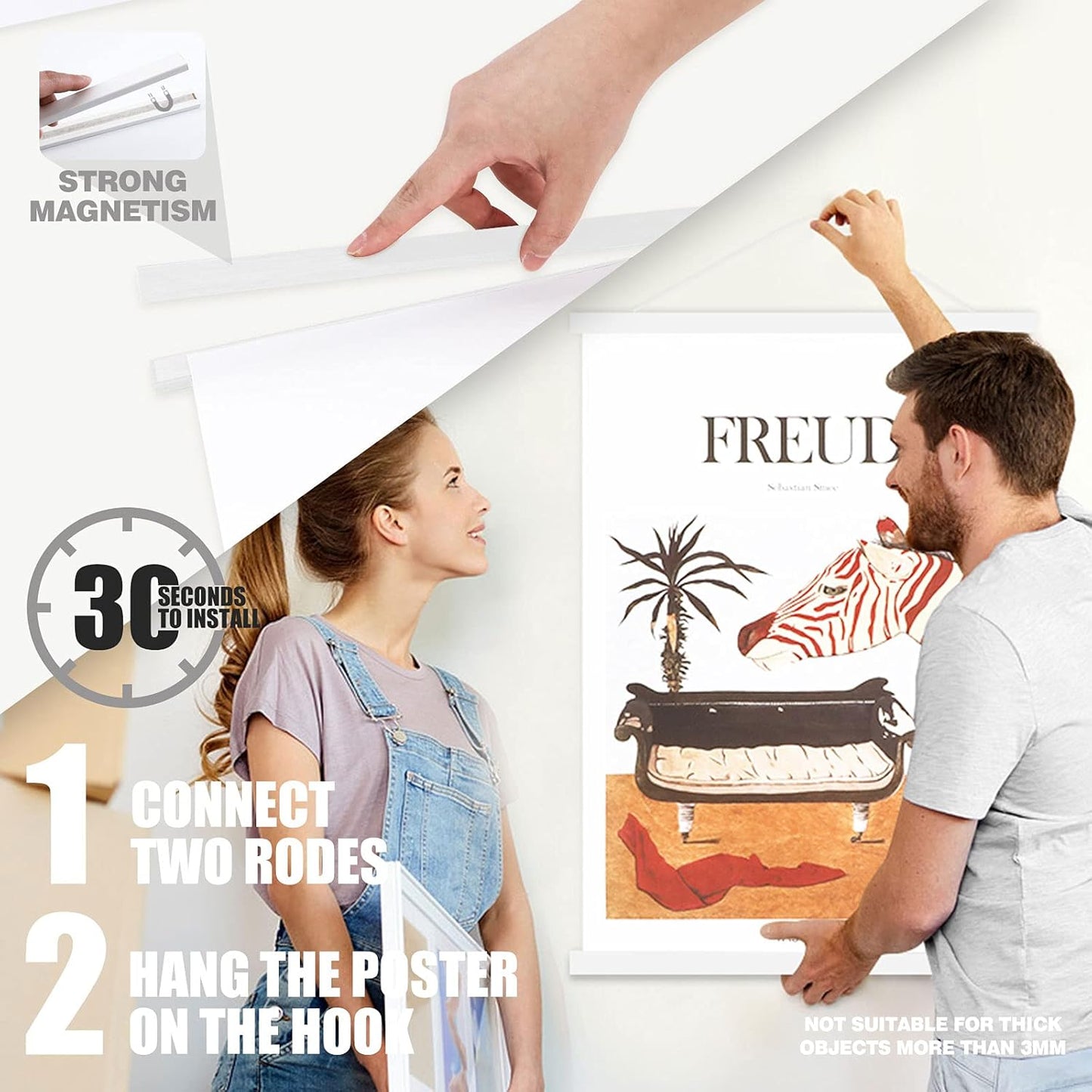 Ywlake Magnetic Poster Hanger, 17x24 17x11 17x22 Poster Frame Wood Wooden Magnet Print Posters Dowel Scroll Hanger Hangers Hanging Kit for Walls Map Canvas Artwork (White, 17")