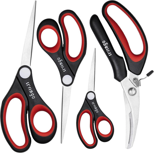 LIVINGO All Purpose Scissors Set - 4 Pack Sharp Multipurpose Heavy Duty Shears for Kitchen Cooking Sewing Fabric Cutting Poultry Food Paper Craft Office Household School Multi Pack Utility Shears
