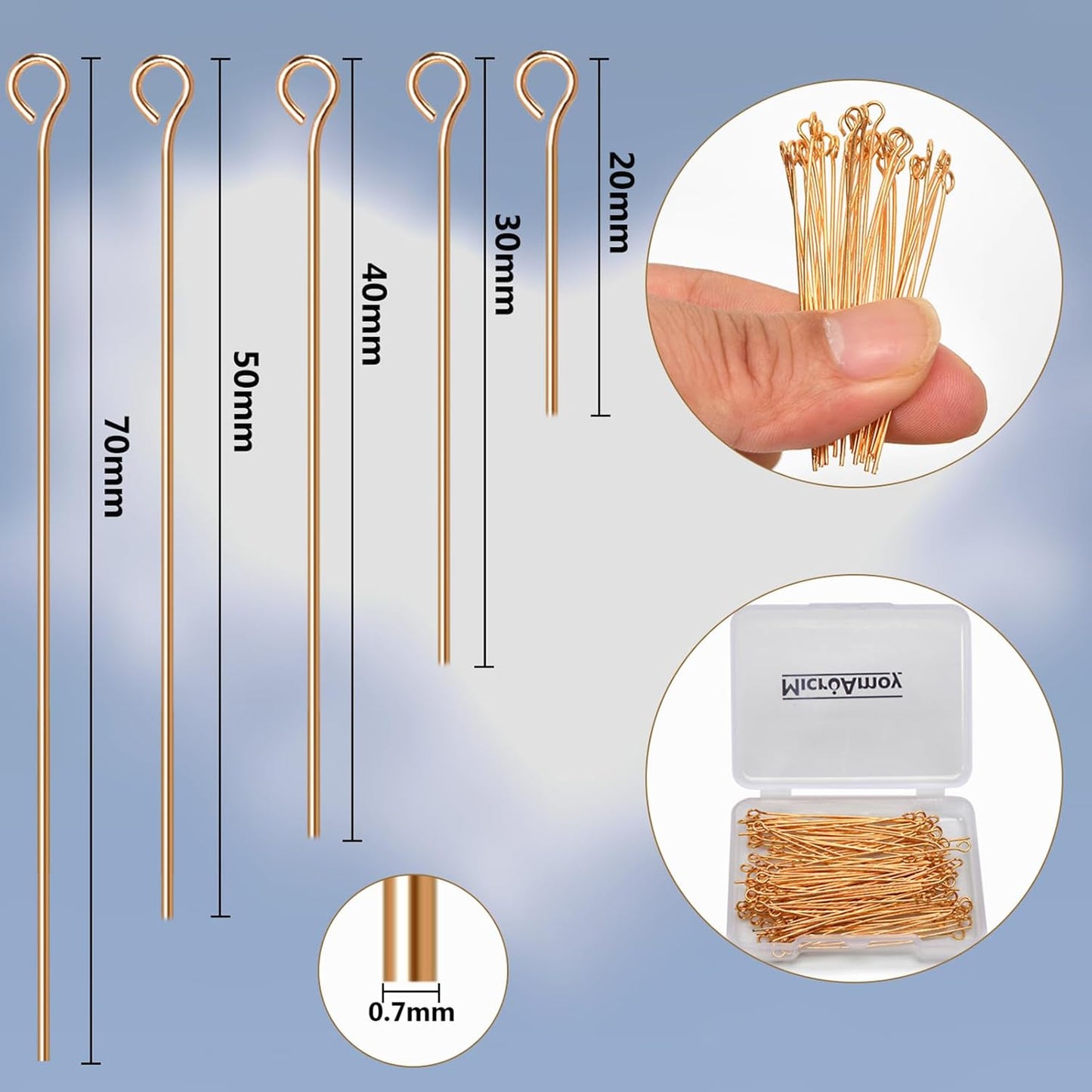 100pcs 18K Gold Filled Eye Pins Non Tarnish Craft Earring Bracelet Jewelry Making Accessories Supplies (50mm (1.96in), Gold-Eye Pin)