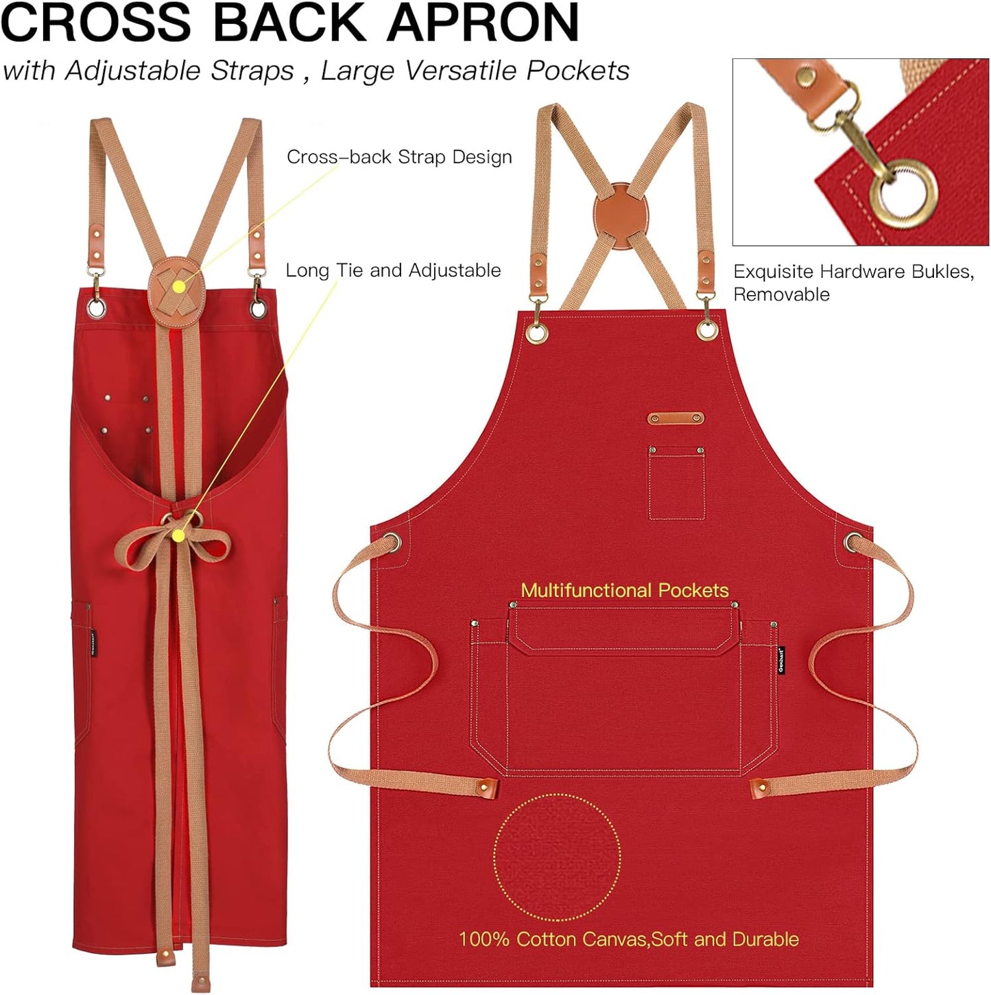 Genixart 6 Bulk Pack Chef Apron for Men Women with Pockets, Cross Back Apron for Kitchen Cooking Baking Artist Painting, Cotton Canvas Work Aprons for Restaurant, Cafe Shop, Garden (Red, M to XXL)
