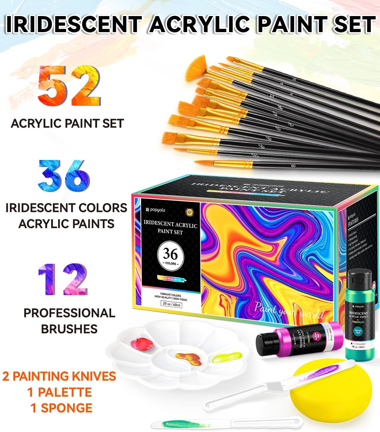 52 PCS Iridescent Acrylic Paint Set with 12 Brushes, 2 Knives & Palette, 36 Colors (2oz/60ml) Art Craft Paint for Adults Kids Artists Beginners, Halloween Pumpkin Canvas Ceramic Rock Painting Kit