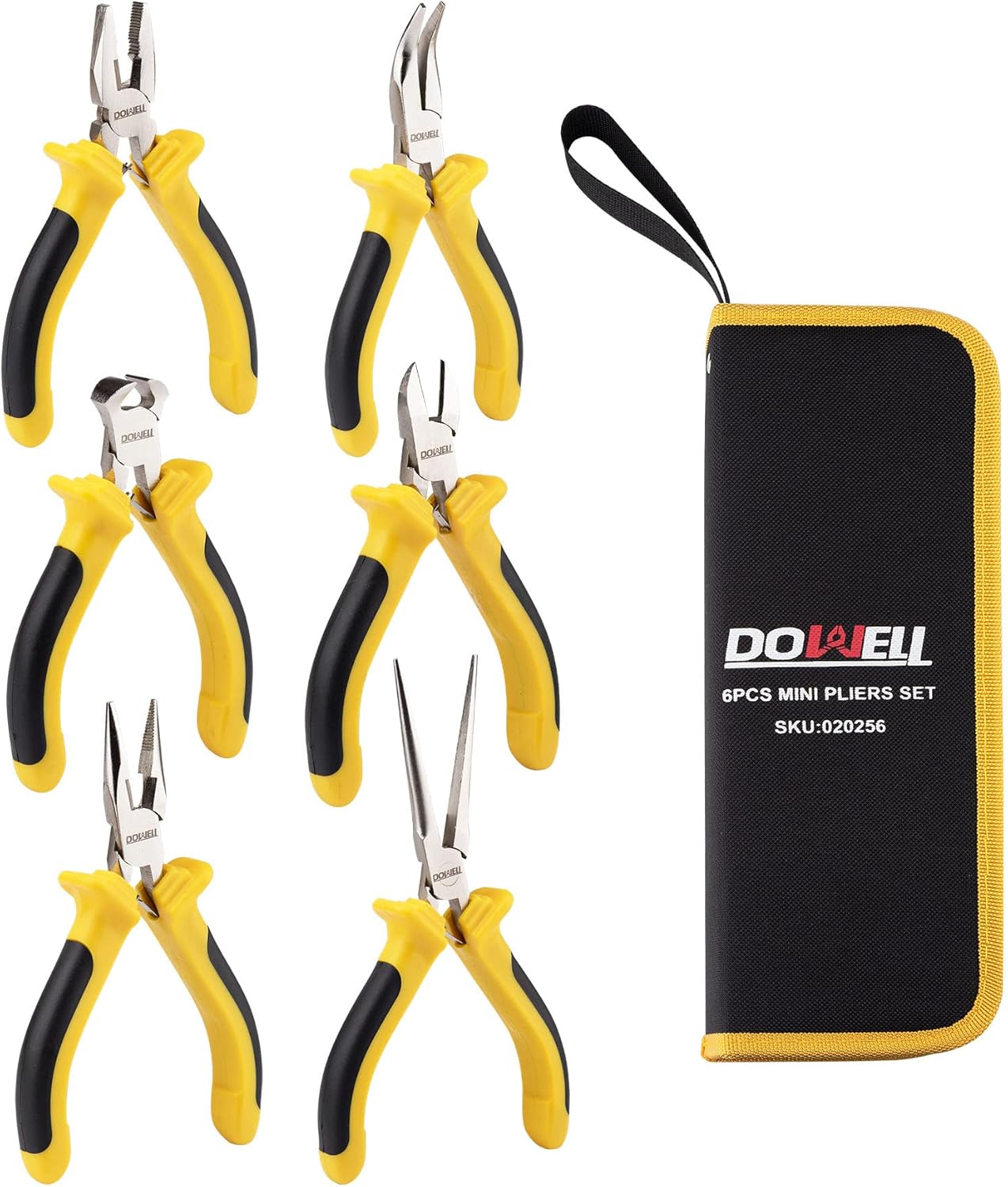 DOWELL 6-piece Mini Pliers Set Needle Nose Diagonal Long Nose Bent Nose End Cutting and Linesman for Making Crafts Repairing Electronic Devices with Pouch