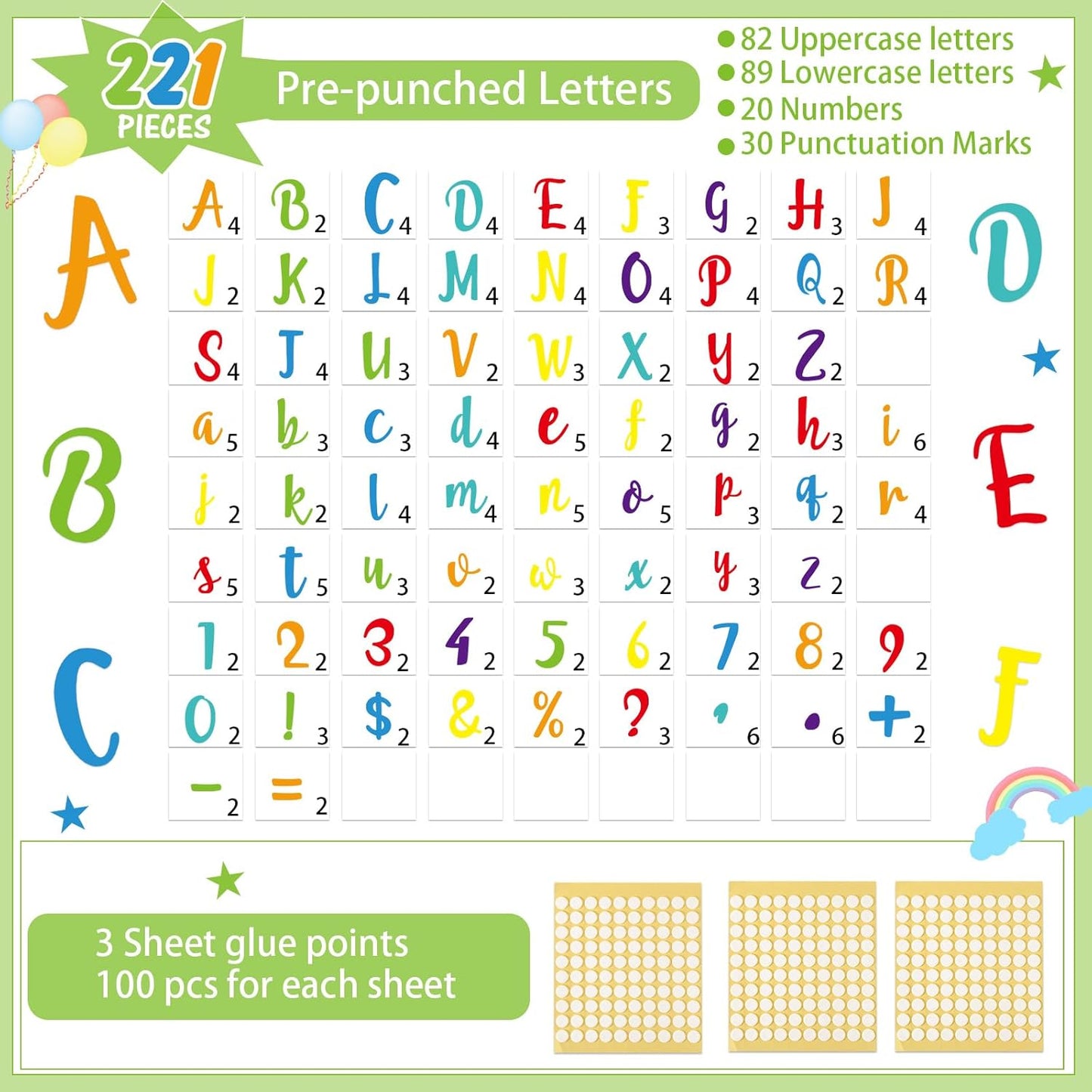 221 Pcs Classroom Bulletin Board Letters Colorful Alphabet Cutouts Number and Punctuation Symbol Combo Letter Cutouts for Spring Summer Wall Chalkboard Poster Board Decor(Bright)
