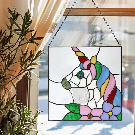 PA0003 Stained Glass Window Panel 12" Wx12 H Window Suncatcher Tiffany Style Window Hanging, Unicorn Home Hanging Decorations for Girls Kids Bedroom Birthday Party Decoration