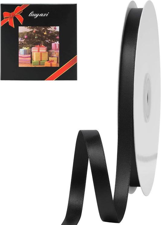 LIUYAXI Black Double Faced Satin Ribbon, 3/8" X Continuous 100 Yards, Ribbons Perfect for Gift Wrapping Bows Bouquet Wedding Decor DIY Craft and More