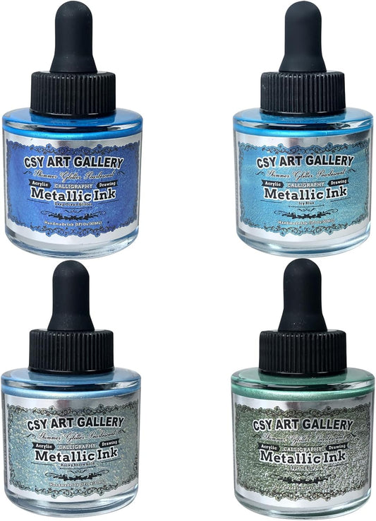 CSY art gallery Metallic Acrylic Ink-Craft Paint-Calligraphy Inks,Glitter-Pearlescent -ICY Blue Drawing Ink Liquid Gold Leaf Paints with Dropper, 1oz - 29.5 ml (Ice Lake Mountains Set)