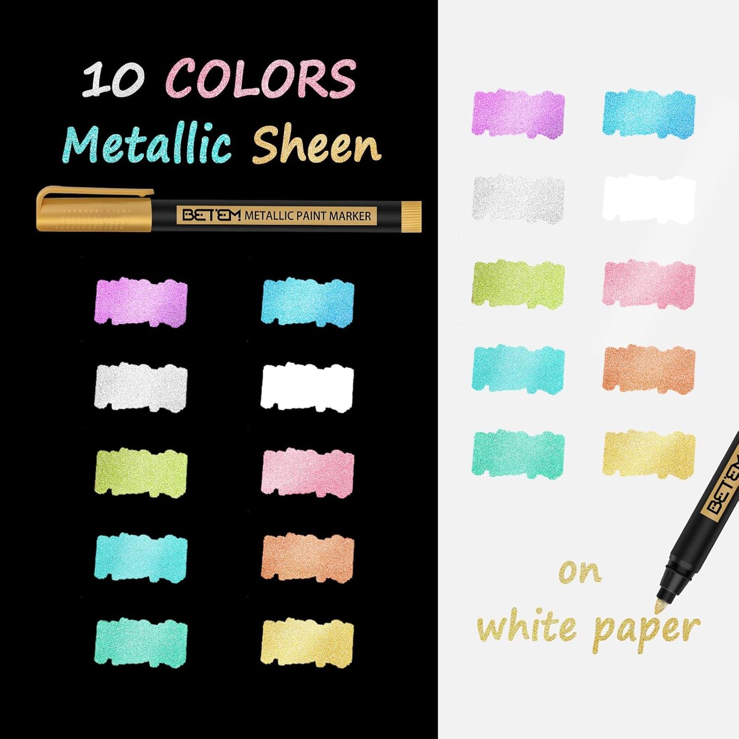 Betem Metallic Paint Markers, 10 Colors Acrylic Paint Markers for Black Paper, 2mm Medium Tips Metallic Glitter Pens Scrapbooking Supplies, Pumpkin Painting Kit for Rock Painting, Cards, Photo Albums