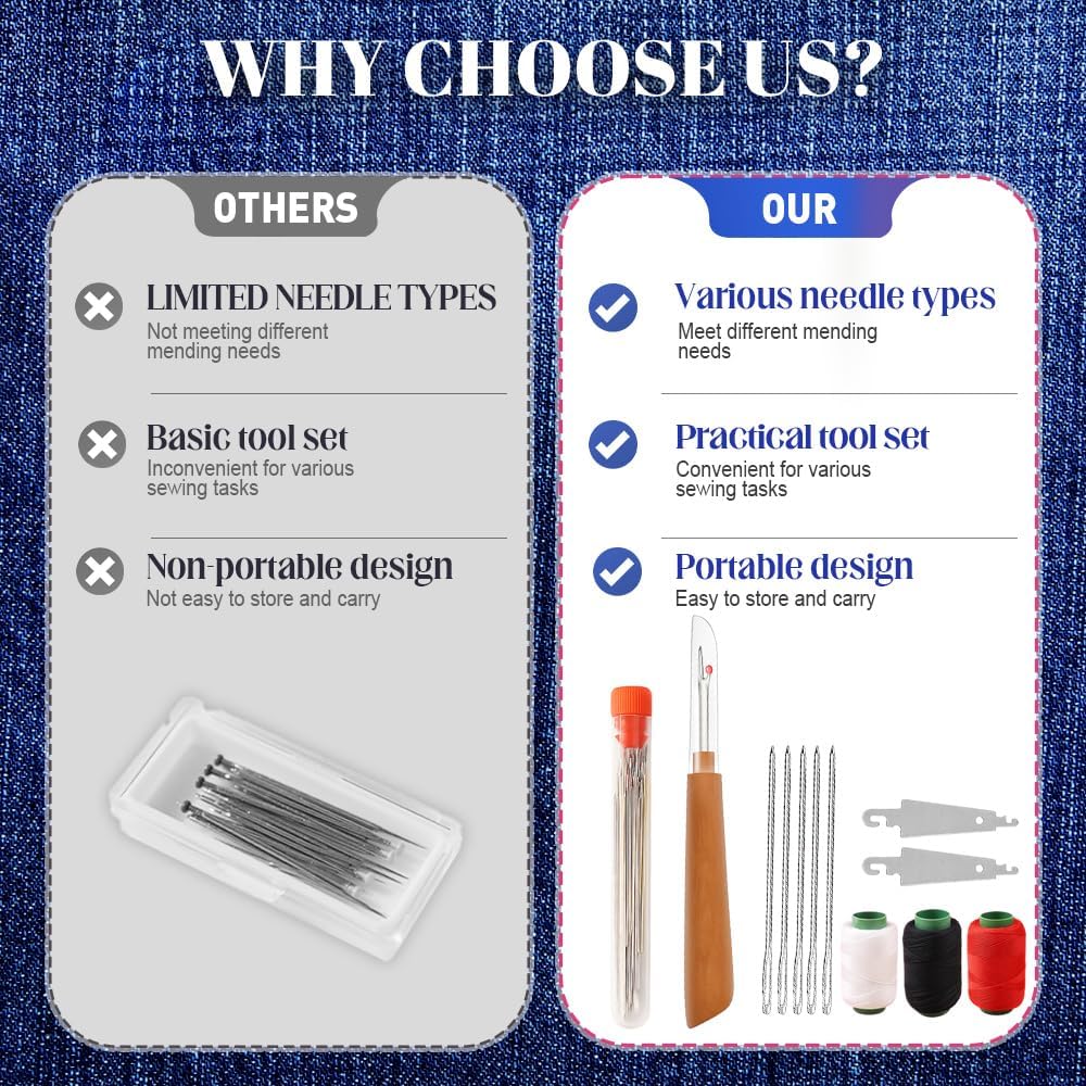 Big Eye Steel Sewing Needles Kit, 37PCS Sewing Tool Set, Portable Needle and Thread Kit for Leather Sewing DIY Craft Set, Large-Eye Stitching Needles Sewing Repair Kit for Beginners, Older