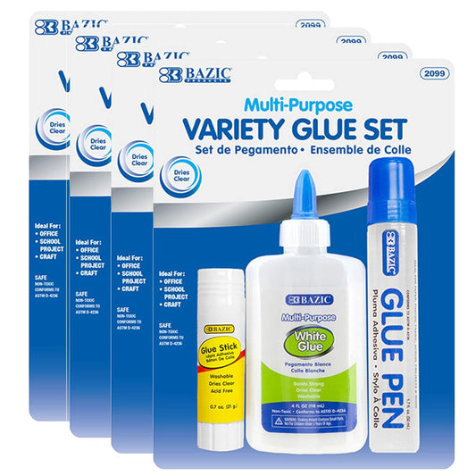 BAZIC White Glue 4oz., Clear Glue 1.7oz., Glue Stick 0.7oz., Washable Liquid Glue Pen, Multi-Purpose, for School Home Office (3/Pack), 24-Pack