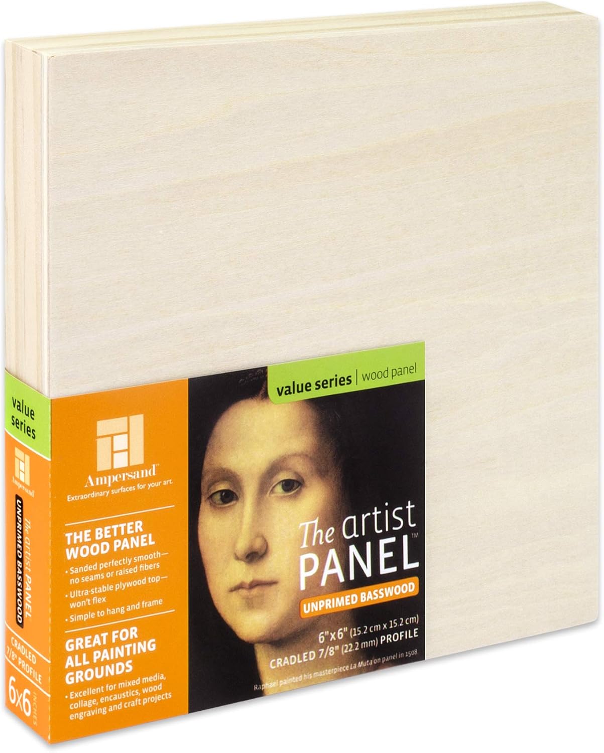 Ampersand Art Supply Unprimed Basswood Artist Panel, 7/8" Cradled Profile 6"x6"