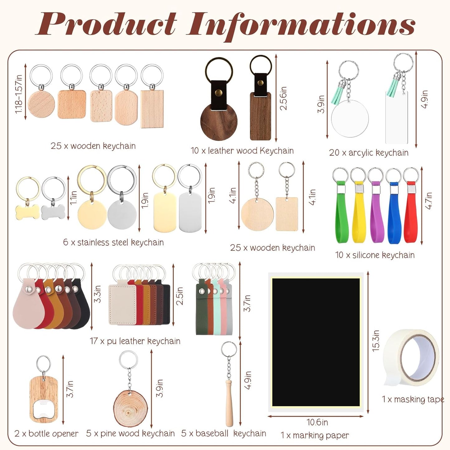 Tondiamo 122 Pcs Laser Engraving Blanks Keychains Bulk Laser Cutting Engraving Materials Accessories Including Wood, Stainless Steel, Acrylic, PU Leather, Silicone and Marking Paper Tape for Laser