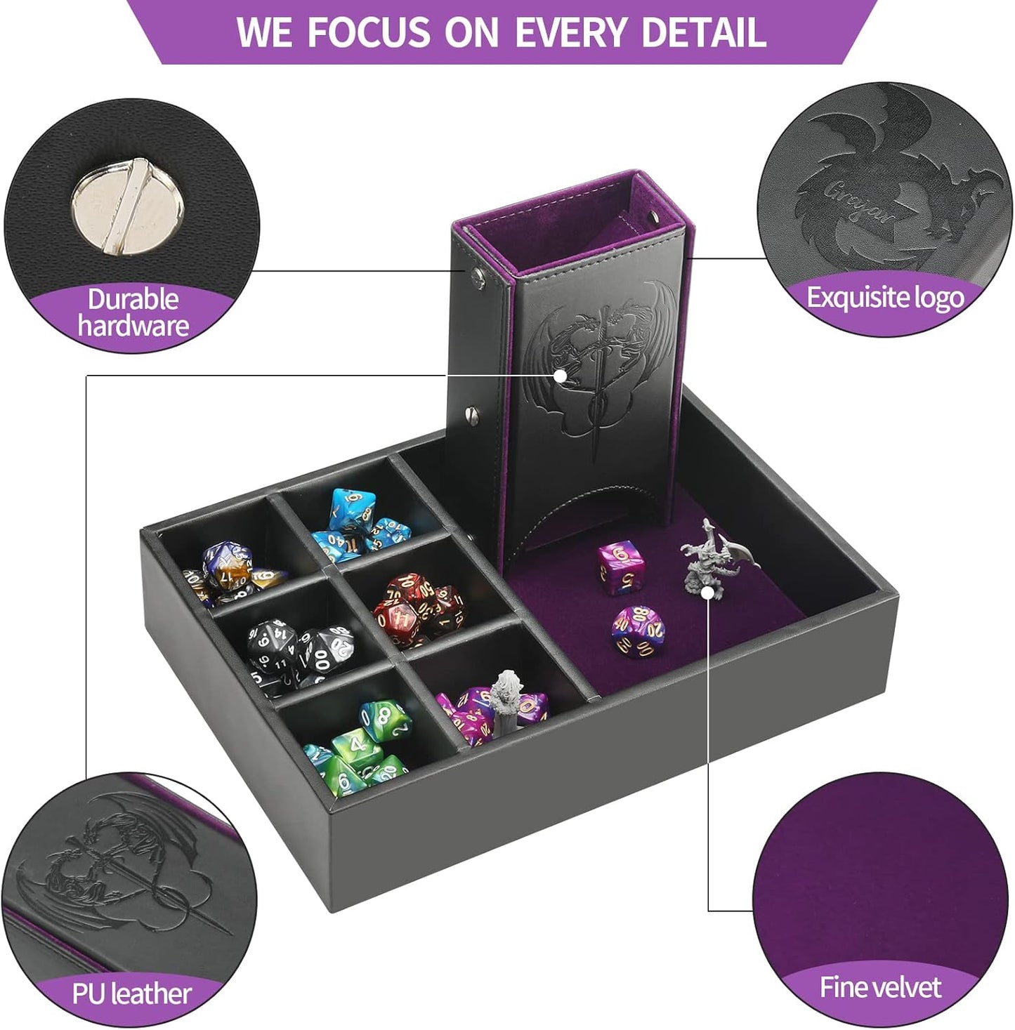 DND Dice Tray and Dice Tower with Storage, 3 in 1 Dice Rolling Tray with Lid, Portable Dice Box Storage, DND dice Holder for Dungeons and Dragons D&D RPG MTG Table Games - Purple