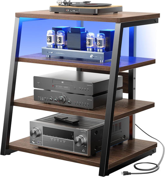 Armocity 4-Tier AV Media Stand with Power Strips, Corner TV Stand with LED Lights, Rack Audio Tower with Adjustable Shelves, Corner Entertainment Center, 30'', Black Walnut