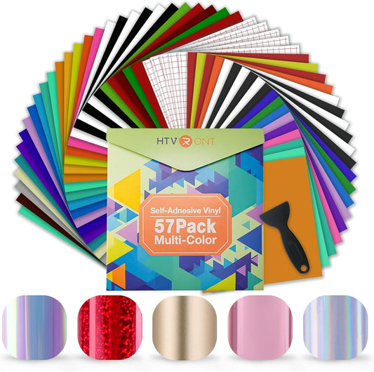 HTVRONT Permanent Vinyl - 57 Pack 12" x 12" Permanent Adhensive Vinyl Bundle Compatible with Cricut Cutting Machine, 52 Adhensive Sheets and 5 Transfer Tape Sets for Party Decoration, Stiker