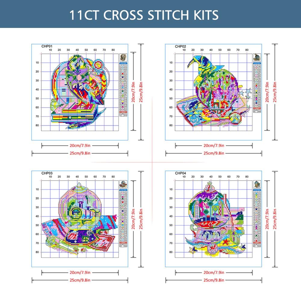 ZuoAnLF 4 Packs Stamped Cross Stitch Kits for Adults,Stamped Cross-Stitch Needlepoint Counted Kits Beginners,Embroidery Kit Arts and Crafts for Home Decor 11CT,9.8 * 9.8inch (HP)