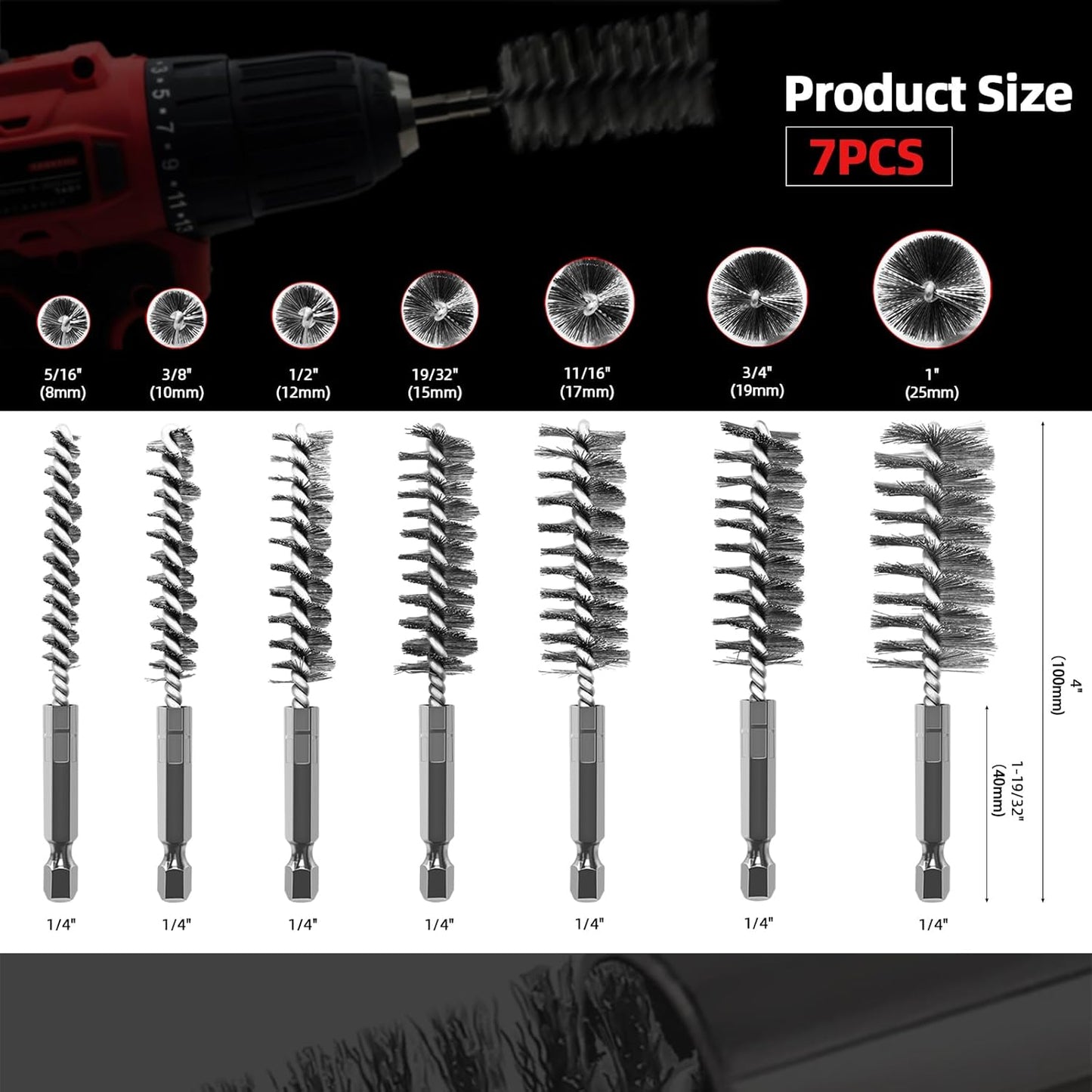 ASNOMY 7Pcs Wire Bore Brush for Drill,5/16"-1” Stainless Steel Copper Pipe Cleaner Set for Power Drill Cleaning,Abrasive Drill Wire Brush with 1/4" Hex Shank