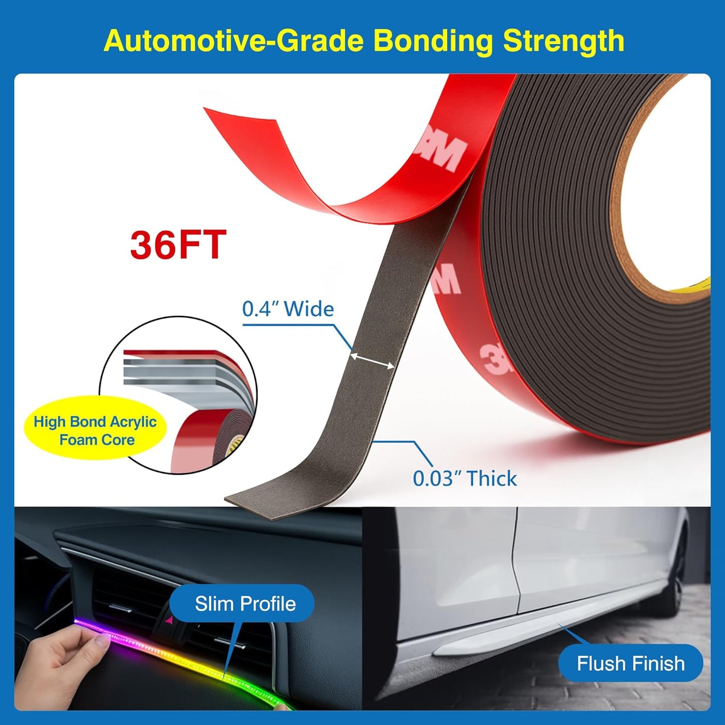 Tapsi Heavy Duty Double Sided Foam Mounting Tape – 0.4" x 36 FT Automotive-Grade Tape with Adhesion Promoters for Plastic Surfaces (0.4" x 72 ft, 72, feet)