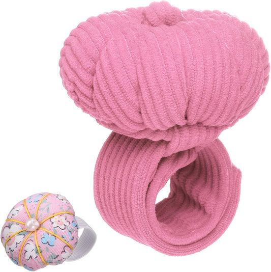 HARFINGTON Wrist Pin Cushions, Sewing Needle Pin Cushion Adjustable Strap with Elastic Strap Finger Ring Pincushions Fit All Wrist Sizes for Sewing Quilting Needlework DIY Crafts, Pink/Pink