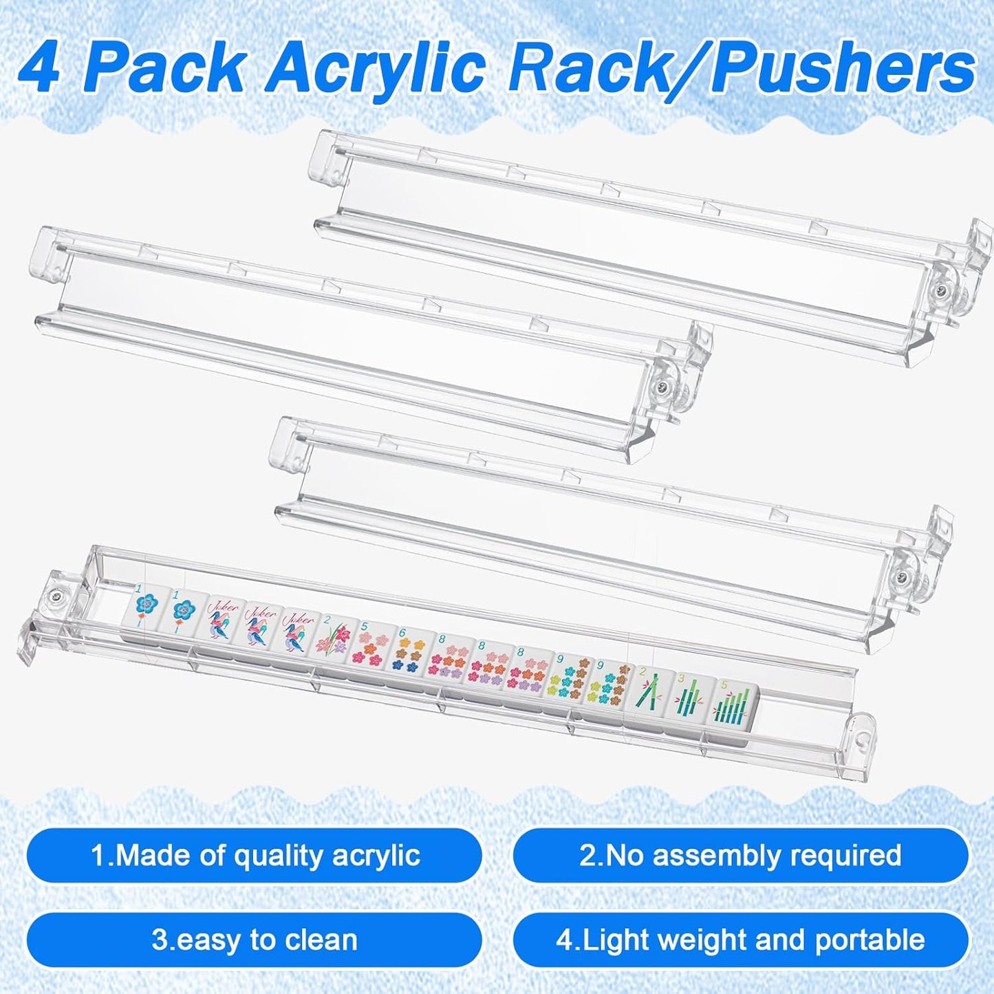 American Mahjong Set 168 Blossom Acrylic Numbered Tiles, 4 All-in-One Rack/Pushers, 4 Dice, Blue Tiles Bag and Portable Travel Case Classic Full Size Complete Mahjongg Game Set