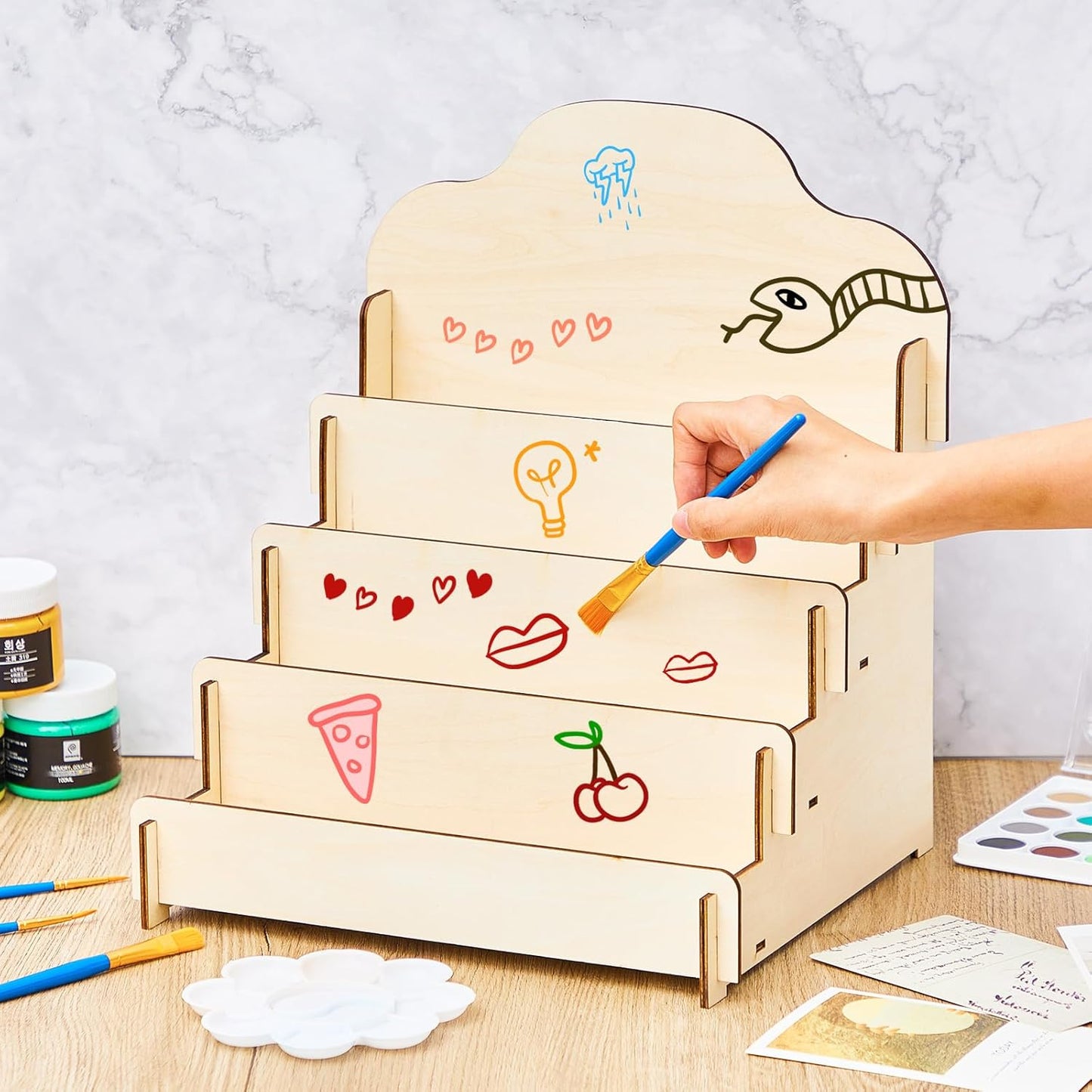 Barydat 2 Pcs 4 Tier Greeting Card Display Stand Wooden Sticker Display Stand Portable Card Display Rack for Vendors Retail Counter Table Display Trade Shows Showcase (Wood Color,11.8 Inch)