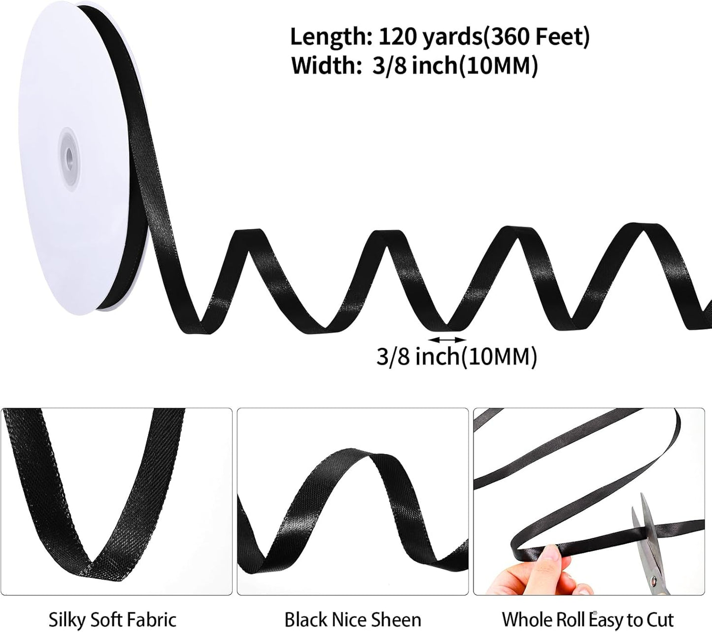 Black Ribbon 3/8 Inch 120 Yards Thin Black Satin Ribbon Craft Fabric Ribbons for Halloween Decor Cake Bows Making Hair Gift Wrapping Floral Bouquet Party Christmas Decorations